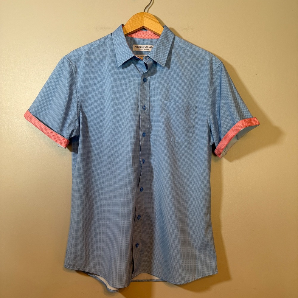 Nick Graham Everywhere Mens Large Blue Geometric Stretch Modern Fit Shirt Short